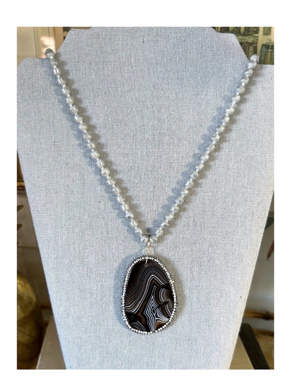 Bohemian Black Agate Pendant Necklace with Clear Beaded Chain